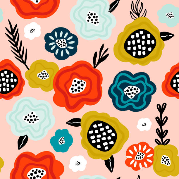 ilustrações de stock, clip art, desenhos animados e ícones de seamless pattern with creative decorative flowers in scandinavian style. great for fabric, textile. vector background - female animal