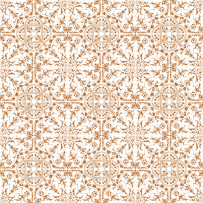 Hand Painted Brown Bohemian Tile. Vector Tile Pattern, Lisbon Arabic Floral Mosaic, Mediterranean Seamless Ornament, Geometric Folklore Ornament. Tribal Ethnic Vector Texture.