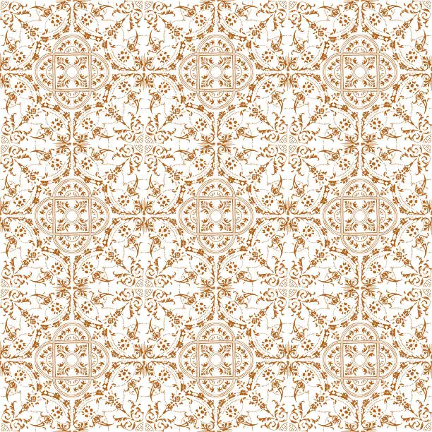 Vector illustration of Hand Painted Brown Bohemian Tile. Vector Tile Pattern, Lisbon Arabic Floral Mosaic, Mediterranean Seamless Ornament, Geometric Folklore Ornament. Tribal Ethnic Vector Texture.