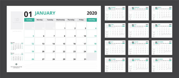 ilustraciones, imágenes clip art, dibujos animados e iconos de stock de 2020 calendario planificador establecido para la semana de diseño corporativo plantilla de inicio de la semana el domingo. - 2020