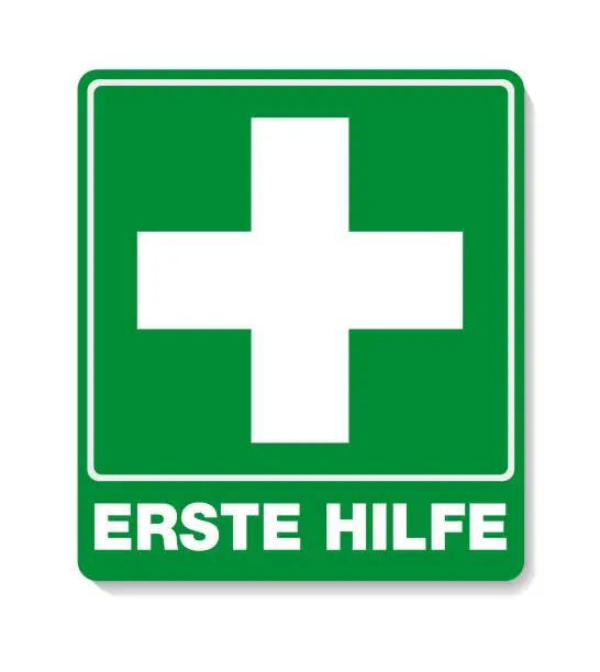 Vector illustration of green ERSTE HILFE sign with cross symbol