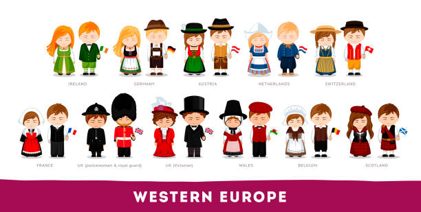 Europeans in national clothes. Western Europe. Set of cartoon characters in traditional costume. Cute people. Vector flat illustrations. welsh culture stock illustrations