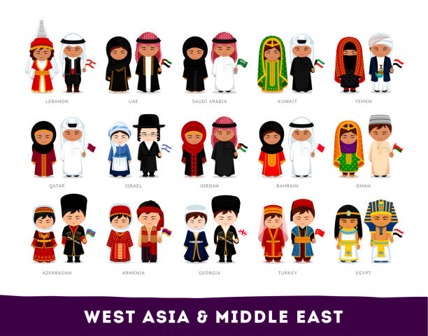 Asians in national clothes. West Asia & Middle East. Set of cartoon characters in traditional costume. Cute people. Vector flat illustrations. middle eastern clothes stock illustrations