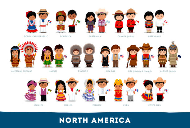 Americans in national clothes. North America. Set of cartoon characters in traditional costume. Cute people. Vector flat illustrations. panama illustrations stock illustrations