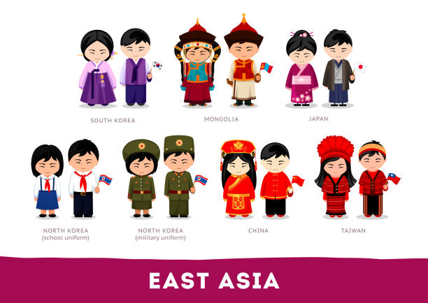 Asians in national clothes. East Asia. Set of cartoon characters in traditional costume. Cute people. Vector flat illustrations. mongolian ethnicity stock illustrations