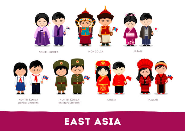 Asians in national clothes. East Asia. Set of cartoon characters in traditional costume. Cute people. Vector flat illustrations. korean traditional dress stock illustrations