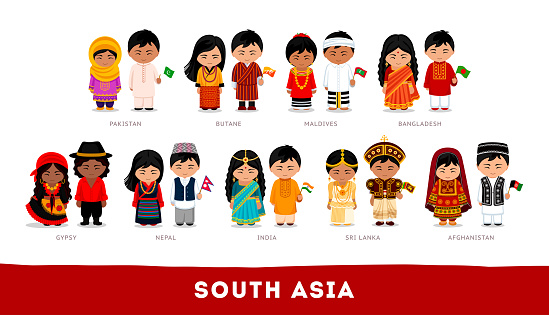 South Asia. Set of cartoon characters in traditional costume. Cute people. Vector flat illustrations.