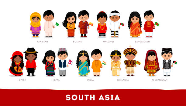 Asians in national clothes. South Asia. Set of cartoon characters in traditional costume. Cute people. Vector flat illustrations. pakistani ethnicity stock illustrations