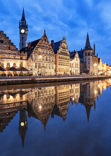 Night view of Graslei Harbour, Ghent, Belgium