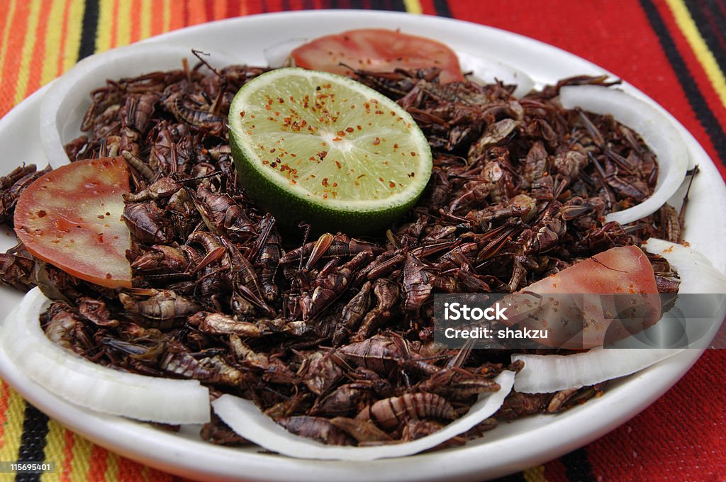 Roasted grasshoppers "chapulines" Plate of roasted grasshoppers with tomato, onion and lime Appetizer Stock Photo