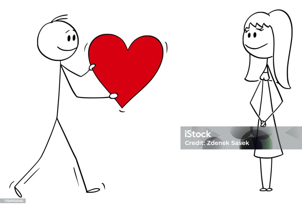 Vector Cartoon Of Man Or Boy In Love Giving Big Romantic Red Heart To Woman  Or Girl Stock Illustration - Download Image Now - iStock