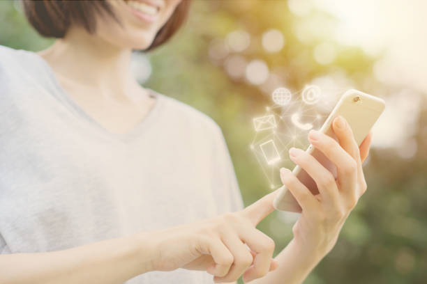 Woman hand using smart phone, Contact us connection concept