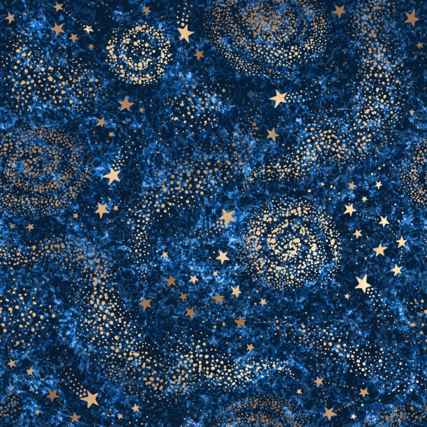 галактика бесшовные темно-синий текстурированный узор с золотой туманности, созвездия и звезды - swirl blue textile backgrounds stock illustrations