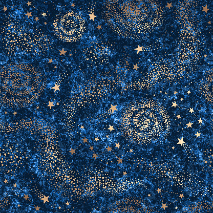 Vector galaxy dark blue textured seamless pattern with gold nebula, constellations and stars. Golden space background