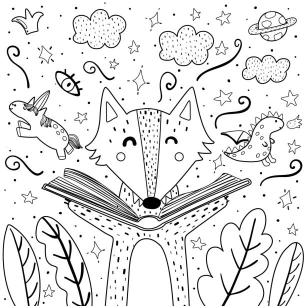 bildbanksillustrationer, clip art samt tecknat material och ikoner med magi i böckerna målar bok med söta varg. svart och vit bakgrund för vuxna och barn - animal doodle
