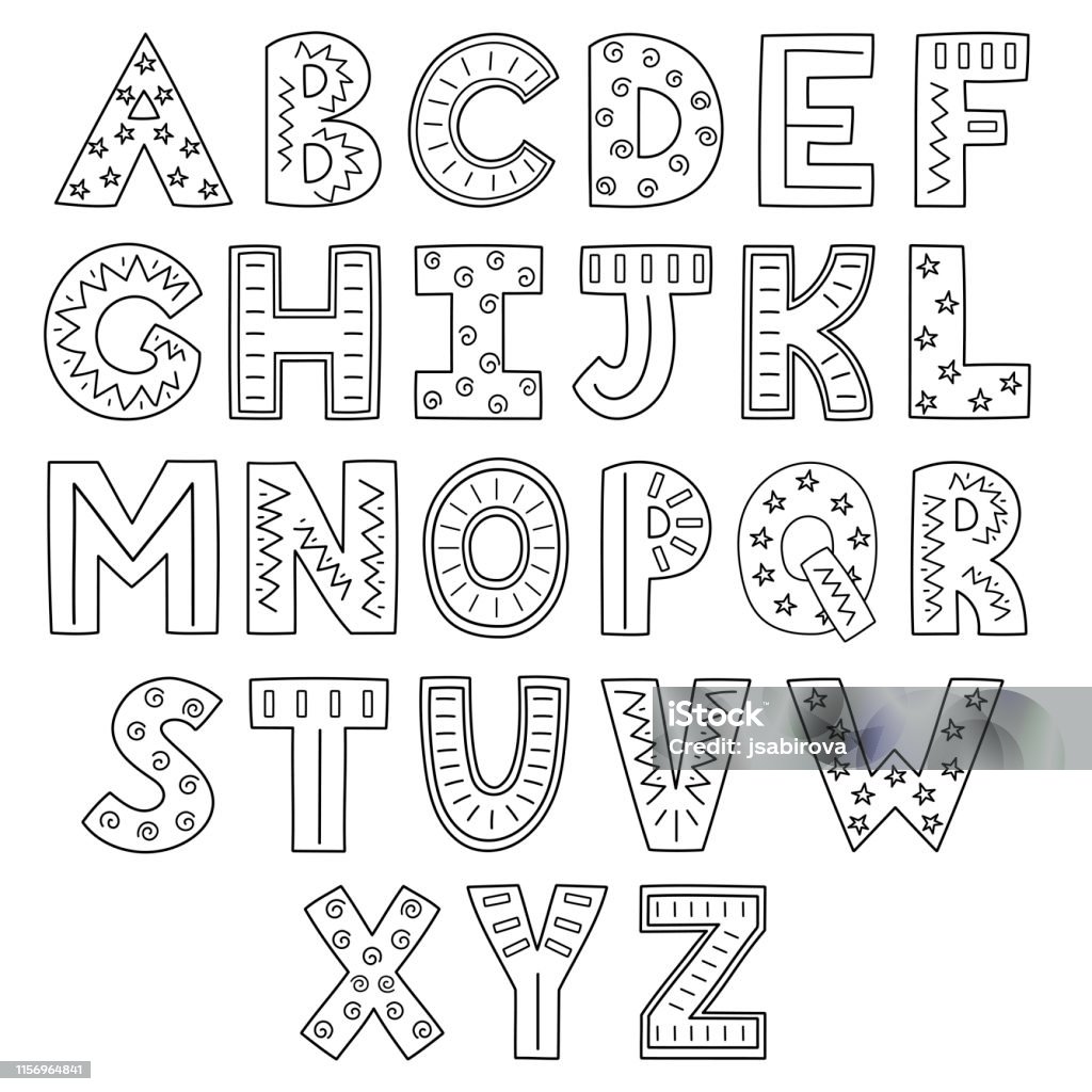 Black And White Alphabet Hand Drawn Outline Abc Stock Illustration