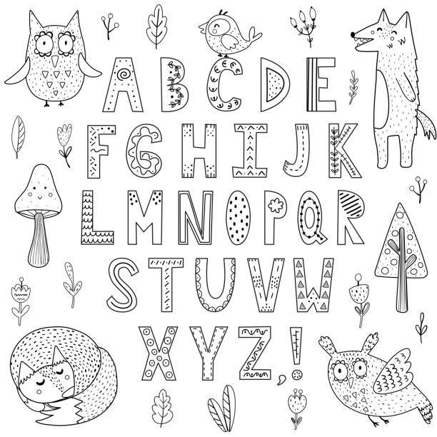 czarno-biały alfabet ze zwierzętami leśnymi. doskonały do kolorowania strony, plakatów i projektowania dla dzieci - great white owl stock illustrations