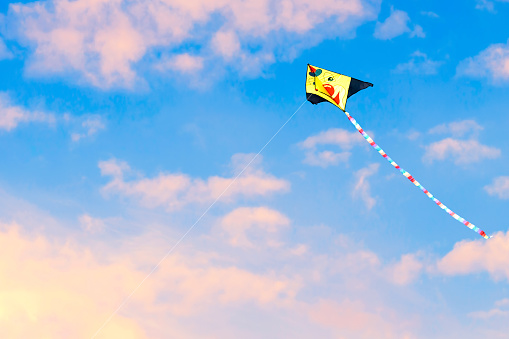 Funny kite flying in a blue sky with light clouds. Space for copy.