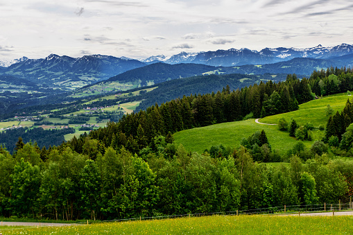 Landscape with blue mountains (Alps), green meadows and woods in spring day. Region Vorlarlberg, from hill Pfänder near city Bregenz, Austria.