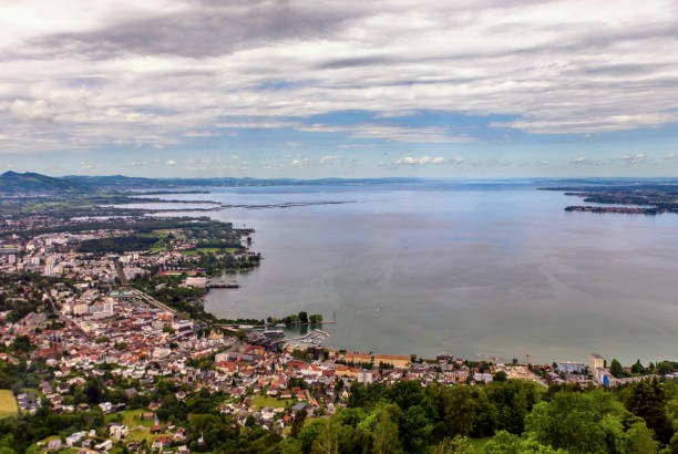 City Bregenz, cableway and lake Constance. stock photo