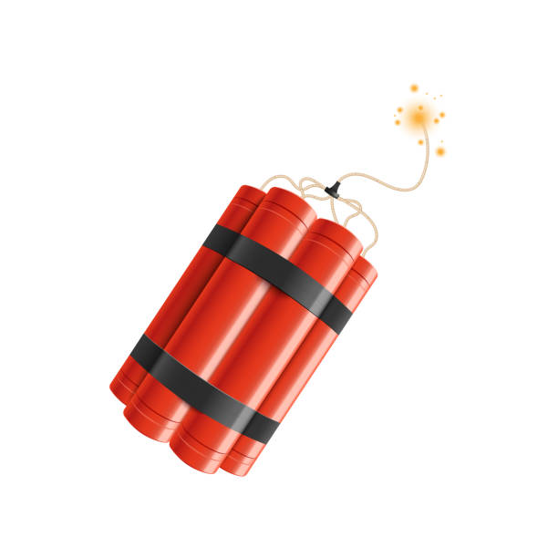 Bunch of dynamite bomb sticks vector illustration isolated on a white background. Realistic detailed 3d bunch of red detonate dynamite bomb sticks with a fire flash vector illustration isolated on a white background. TNT weapon before explosion moment. firework explosive material illustrations stock illustrations
