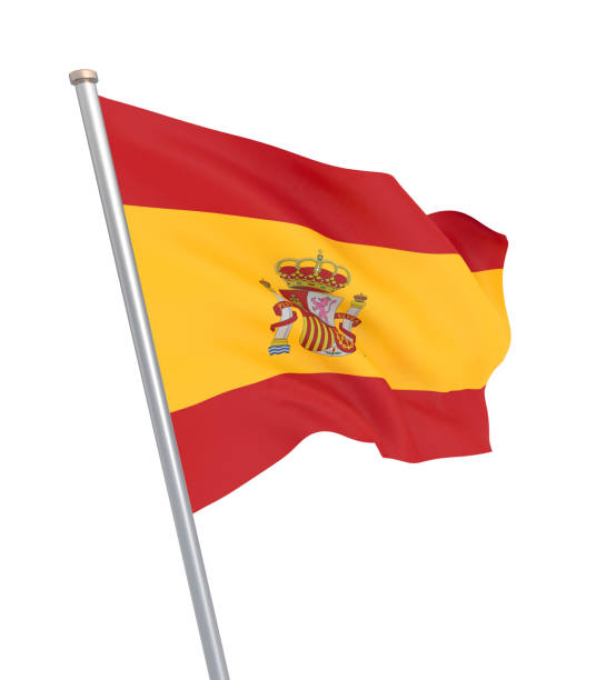 istock Spain flag blowing in the wind. Background texture. 3d rendering; wave. Isolated on white. Illustration. 1156982229