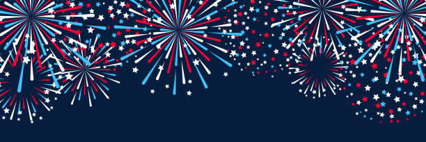 독립 기념일 디자인을 위한 불꽃놀이가 있는 수평 파노라마 배너 - fireworks stock illustrations