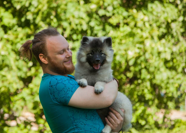 istock Young man and keeshond puppy 1156987563