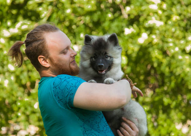 istock Young man and keeshond puppy 1156987577