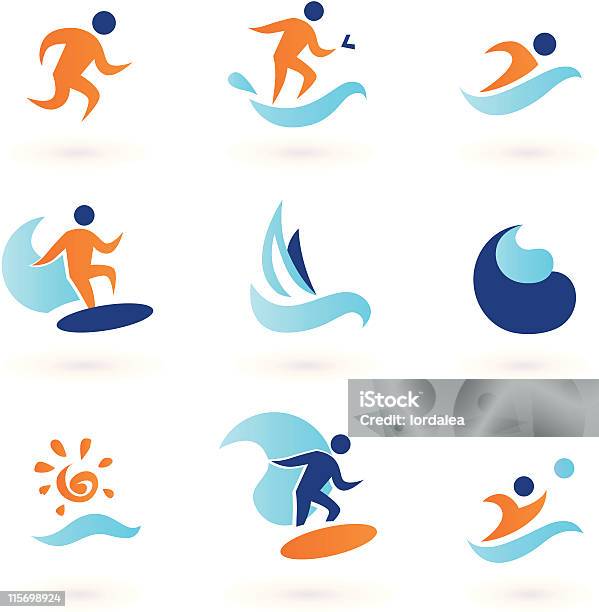 여름 수영 서핑 아이콘청색 주황색 개체 그룹에 대한 스톡 벡터 아트 및 기타 이미지 - 개체 그룹, 곡선, 놀이