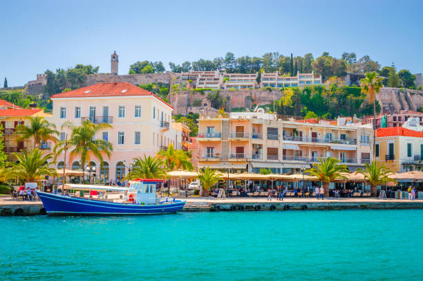 panoramic view on beautiful city nafplio, greece - greece blue house wall imagens e fotografias de stock