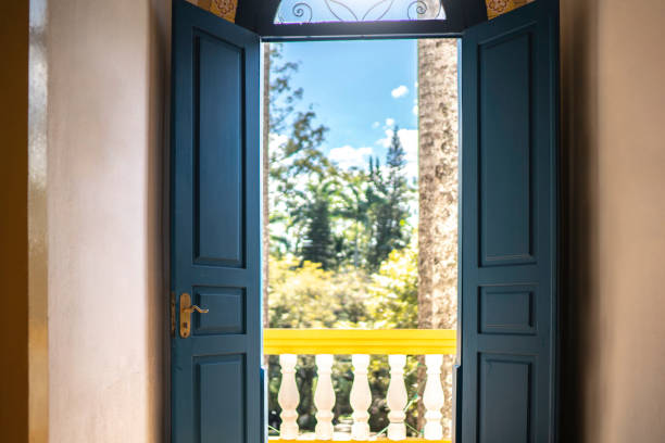 Blue doors open showing nature outside Blue doors open showing nature outside looking out front door stock pictures, royalty-free photos & images