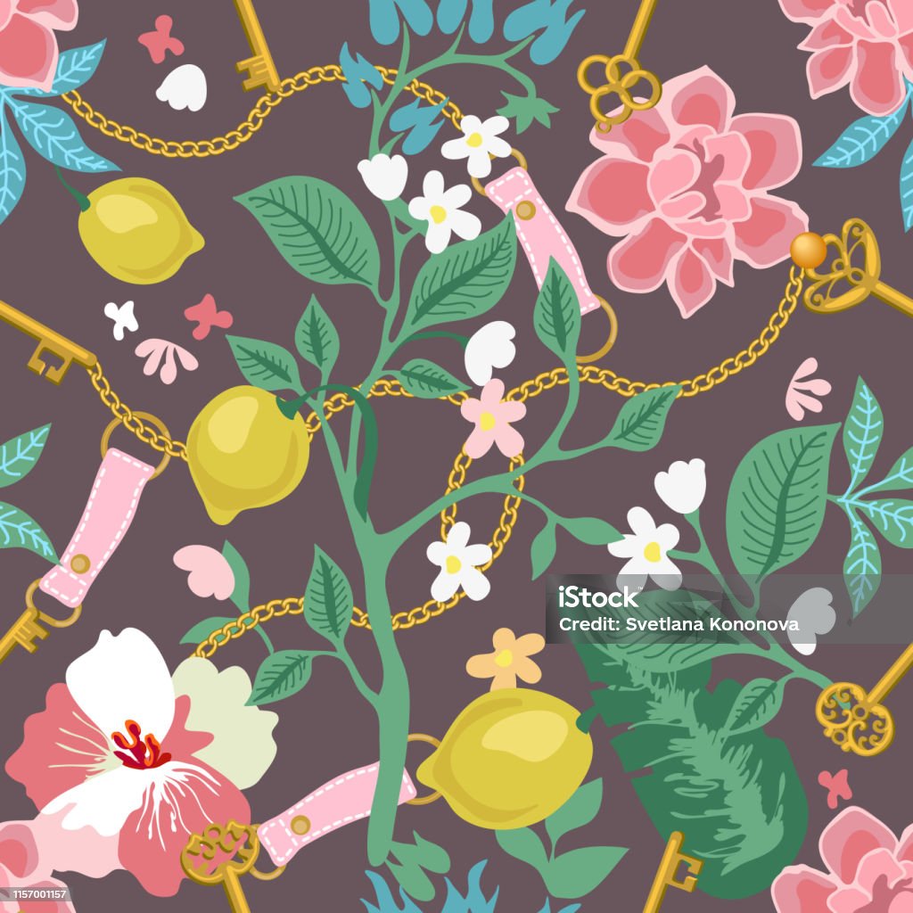 Realistic fashion print. Seamless vector pattern with lemons, flowers, golden chains and leather belts. Vintage textile collection. Abstract stock vector