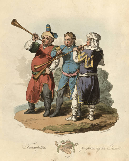 istock Medieval musicians, Trumpeters performing in concert, 14th Century 1157001846