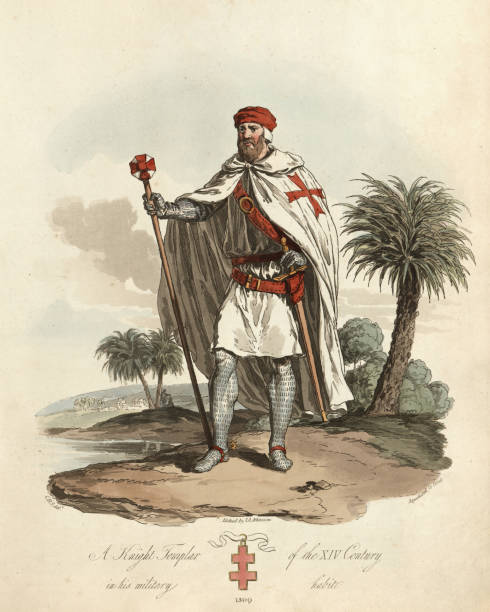 Medieval costumes, Knight Templar of the 13th Century Vintage engraving of Knight Templar of the 13th Century. Ancient costumes of England, 1813 knights templar stock illustrations