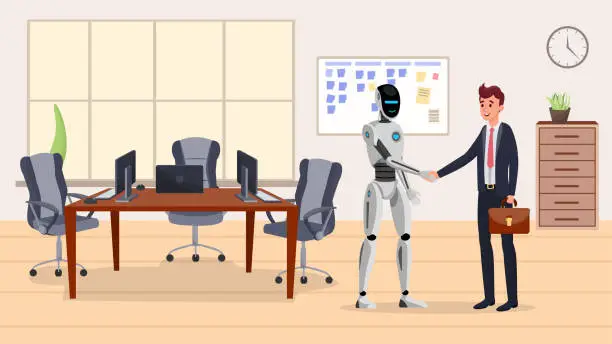 Vector illustration of Cyborg and businessman flat vector illustration. Humanoid robot and happy manager in suit shake hands characters. Futuristic business innovation, successful partnership discussion, agreement