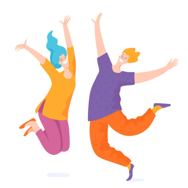 Happy jumping people who reach the goal. vector art illustration