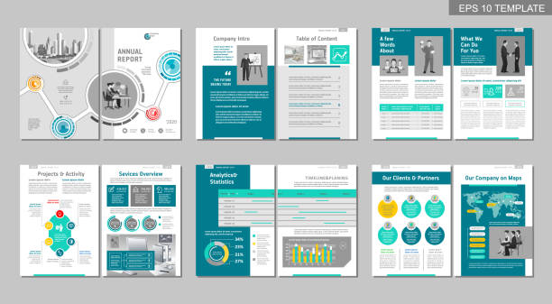 Brochure creative design. Multipurpose template, include cover, back and inside pages. Trendy minimalist flat geometric design. Vertical a4 format. infographic templates stock illustrations