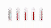 Extreme Heat Wave And High Temperature Concept - Thermometers In A Row Isolated On White Background