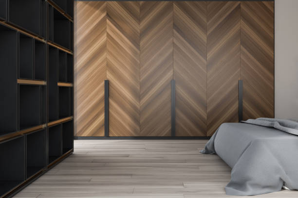 istock Minimalistic master bedroom with shelves 1157008150