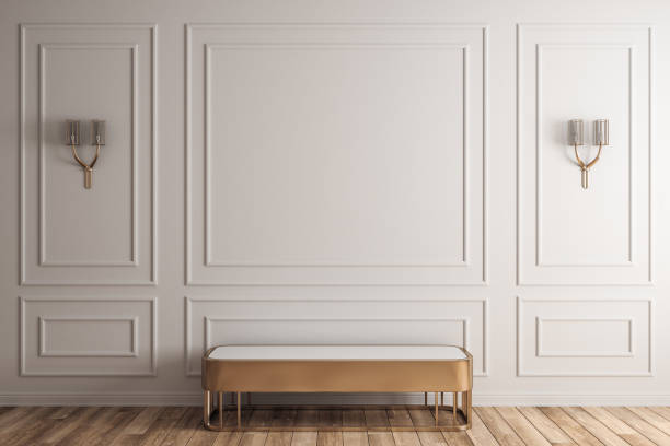 white interior with bench - art museum museum architecture bench imagens e fotografias de stock