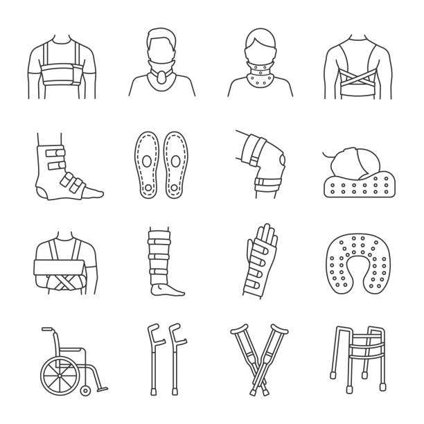 Trauma treatment icons Trauma treatment linear icons set. Orthopedic equipment. Braces and bandages, crutches. Injuries, broken legs and arms recovery. Mobility aid. Editable stroke bandage arm stock illustrations