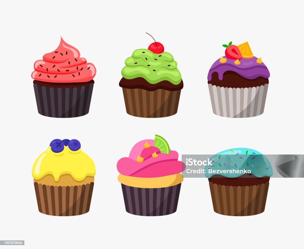 Cupcakes In Cartoon Flat Design Isolated On White Background Cute Tasty  Cakes Vector Colorful Illustration Stock Illustration - Download Image Now  - iStock