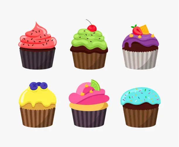 Vector illustration of Cupcakes in cartoon flat design isolated on white background. Cute tasty cakes vector colorful illustration.