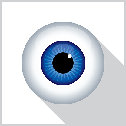 Vector illustration of a blue eyeball with a shadow on a white background with a gray border.