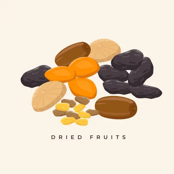 Vector illustration of Group of dried fruits vector illustration in flat design. Healthy snacks concept illustration.