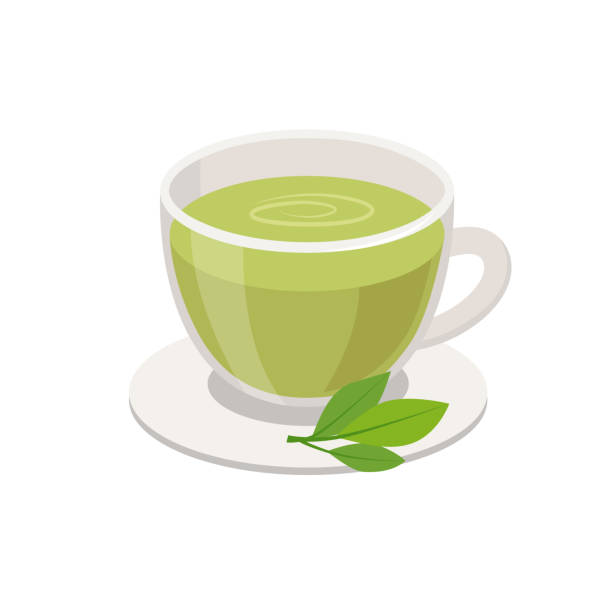 grüner tee in tasse und grüne blätter vektor-illustration in flachem design isoliert auf weißem hintergrund. - green tea stock-grafiken, -clipart, -cartoons und -symbole