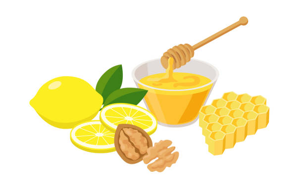 illustrazioni stock, clip art, cartoni animati e icone di tendenza di cibo ad alta vitamine incastonato in un design piatto isolato su sfondo bianco. alimenti sani che aumentano l'immunità per rafforzare l'immunità - limone, noci, miele che combattono cold. - healthy eating close up lemon nut