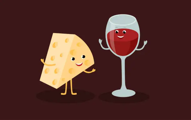 Vector illustration of Cheese and wine glass cartoon characters, friendship concept vector illustration in flat design.