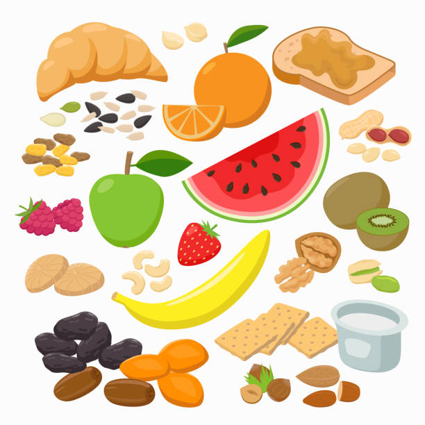 illustrations, cliparts, dessins animés et icônes de collection de collations saines isolées sur fond blanc. aliments sains illustration vectorielle dans la conception plate. - watermelon fruit healthy eating snack